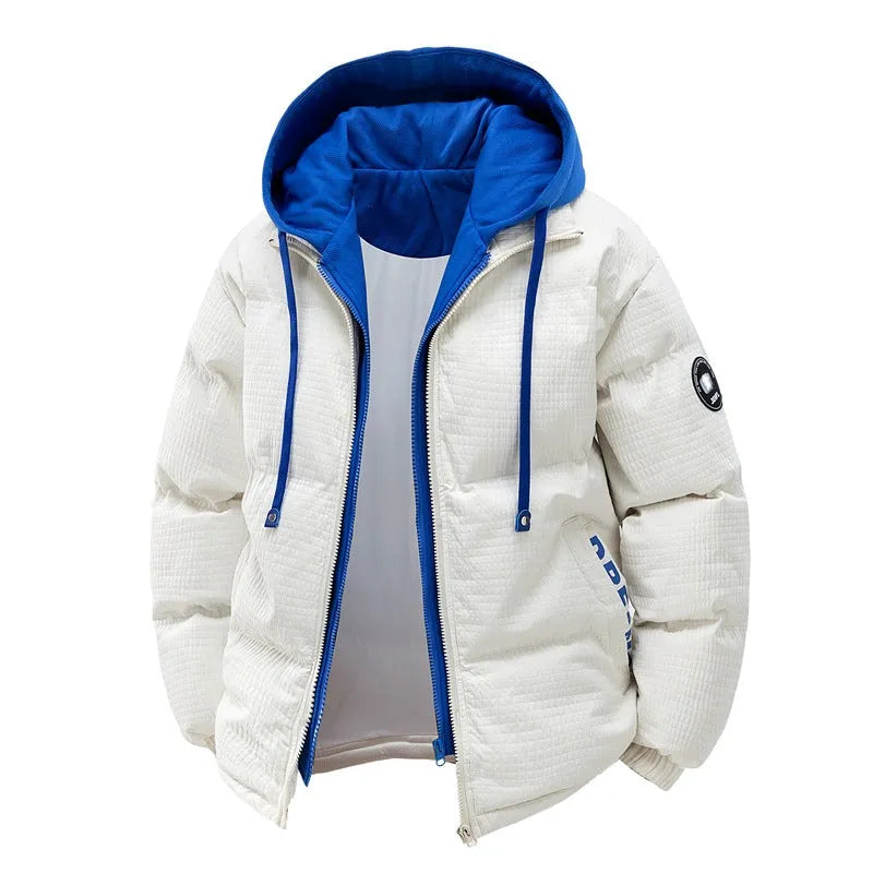 Men's loose hooded winter jacket in beige with side pockets and cardigan style