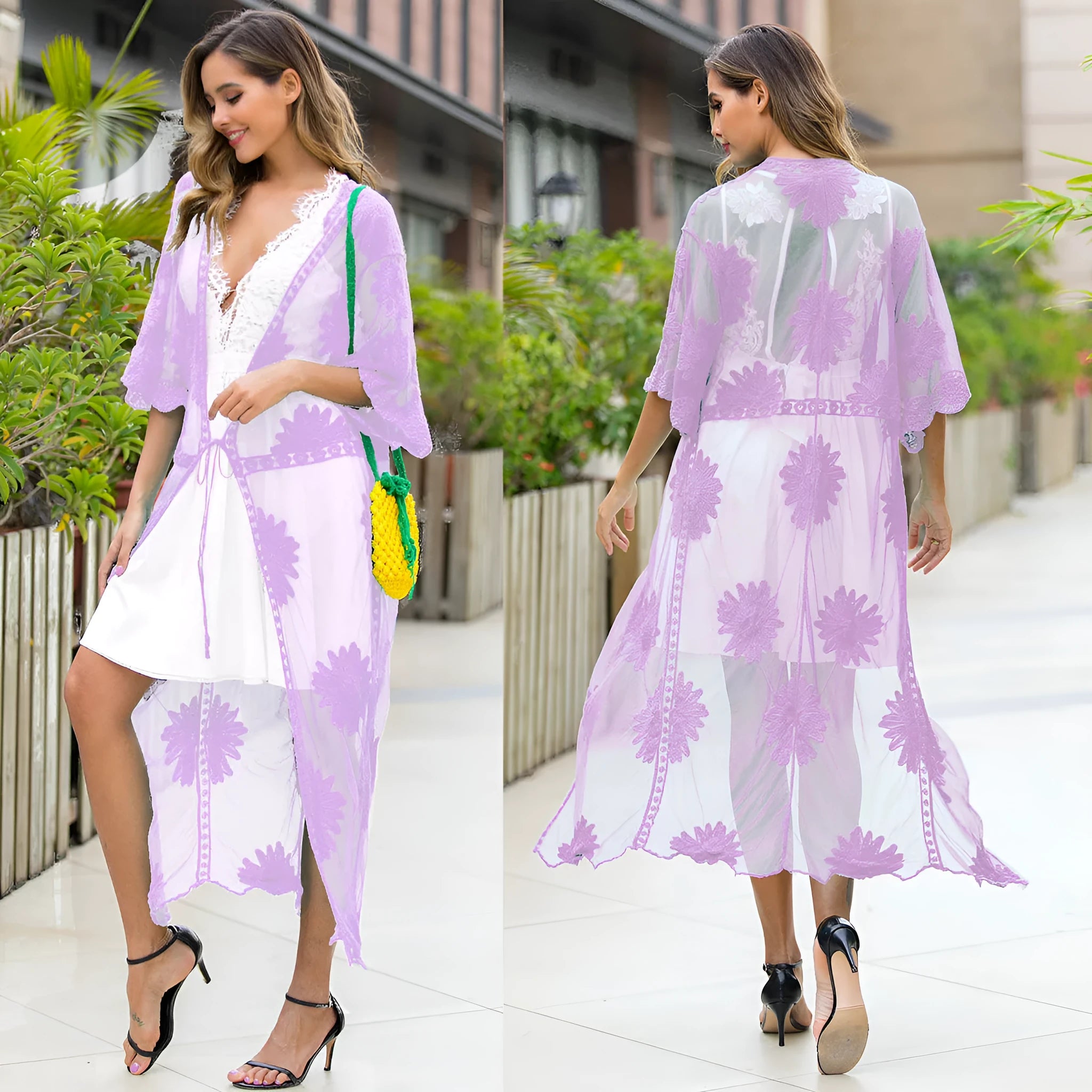 Light purple women's beach dress cardigan with lace embroidery for swimming cover-up