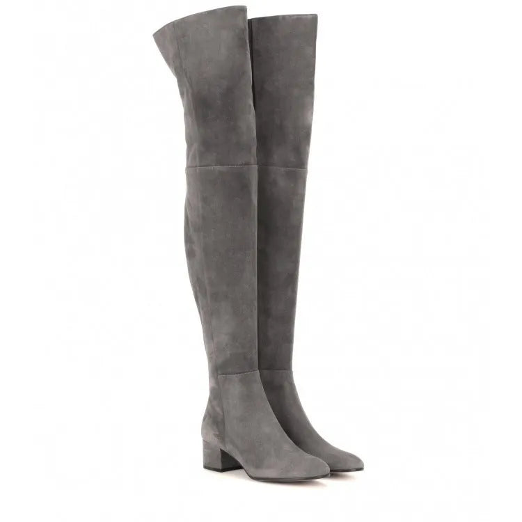 Women's grey suede over-the-knee flat boots with pointed toe and low thick heel
