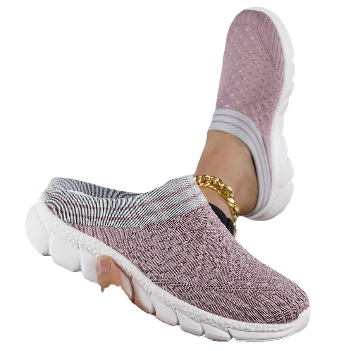 Women's black Flyknit slipper shoes with striped pattern and hollowed-out design on a viscose sole.