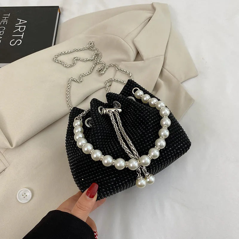 PU shoulder bag with diamond detailing and chain crossbody strap