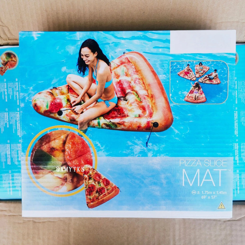 Inflatable pizza slice surfboard float measuring 175cm by 145cm for water lounging