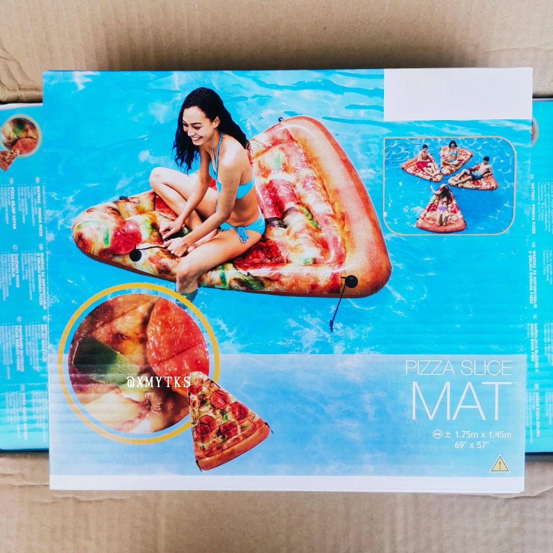 Inflatable pizza slice surfboard float measuring 175cm by 145cm for water lounging