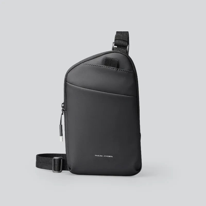 Men's elegant black Oxford cloth crossbody bag with sewing thread detail