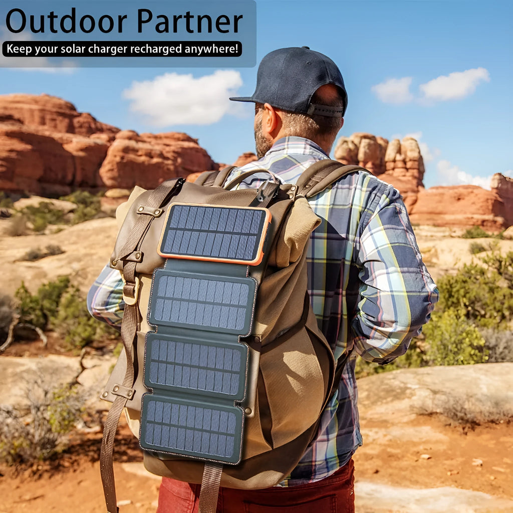 Outdoor rainproof solar phone charger with LED light showing solar panel and leather exterior