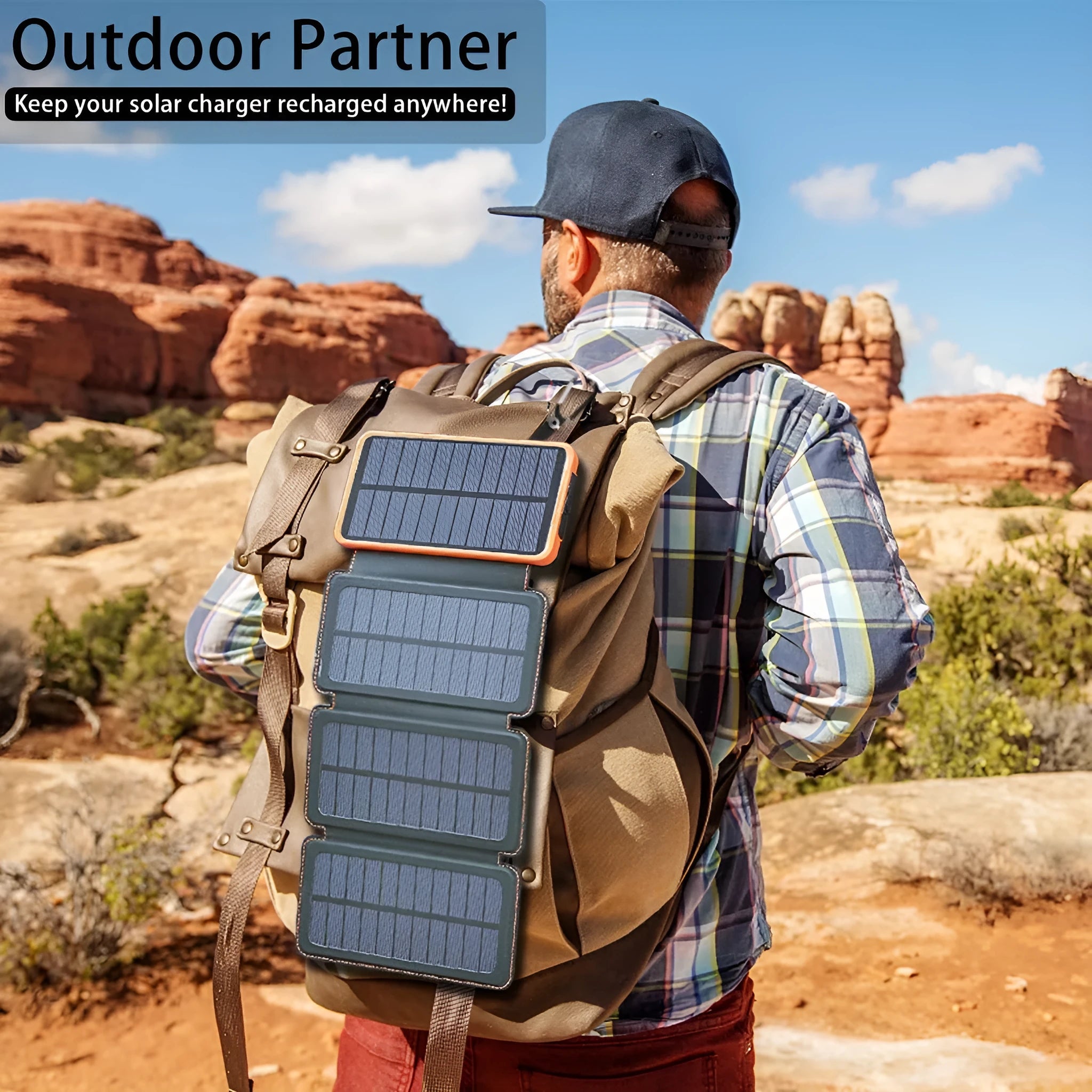 Outdoor rainproof solar phone charger with LED light showing solar panel and leather exterior