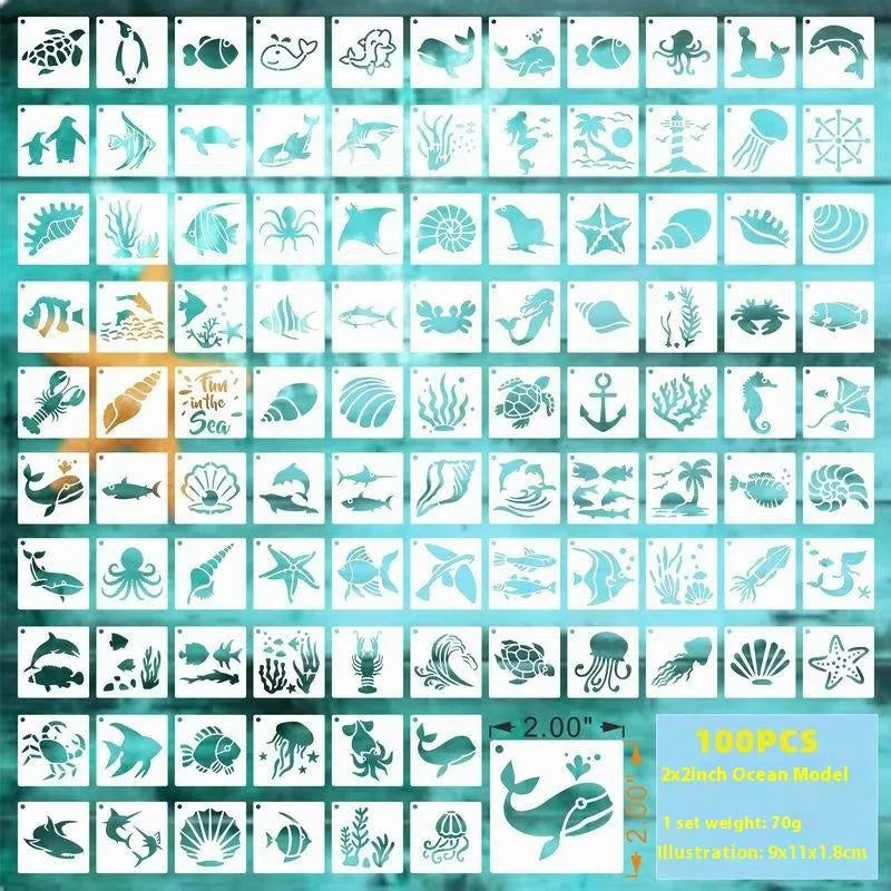 Milky white PET film stencil templates showing flower, leaf, ocean, animal, and letter designs for spray painting