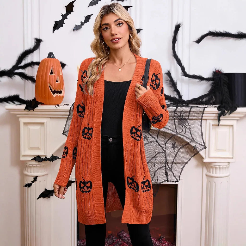 Women's black Halloween cardigan with jacquard pumpkin pattern, straight cut with regular sleeves