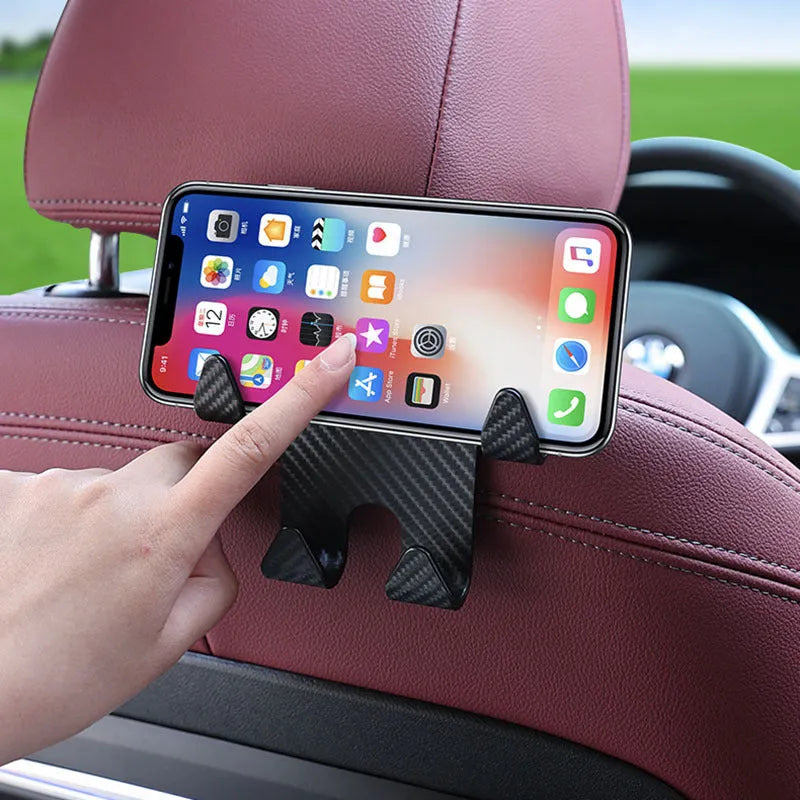 Black ABS plastic car hook and mobile phone bracket organiser for rear seat storage.