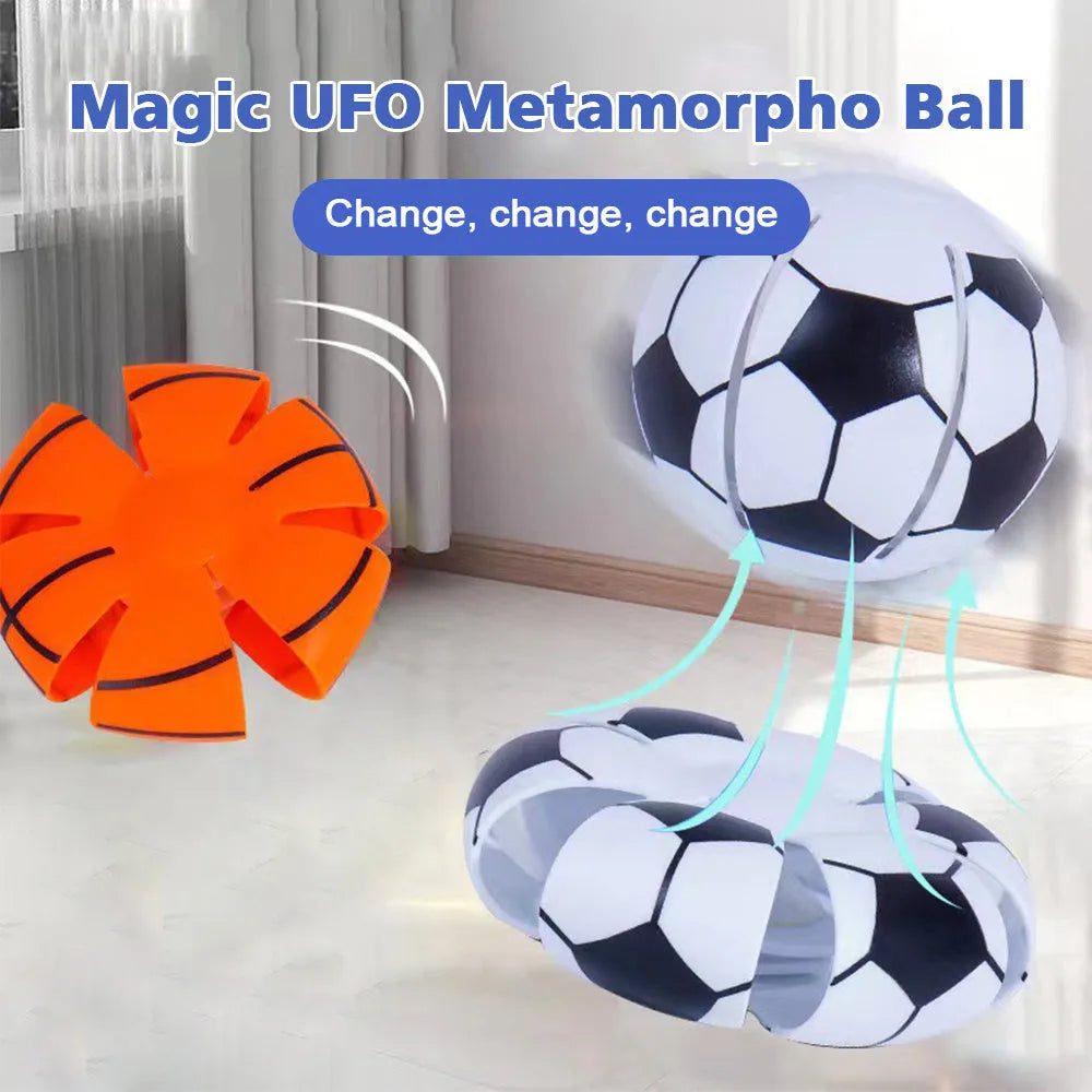 Interactive glowing dog toy ball that transforms to flying disc, shown in orange colour with 9cm diameter measurement