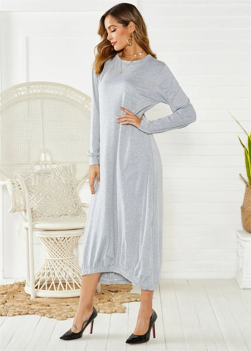 Women's black lantern dress with lace-up crew neck and loose silhouette