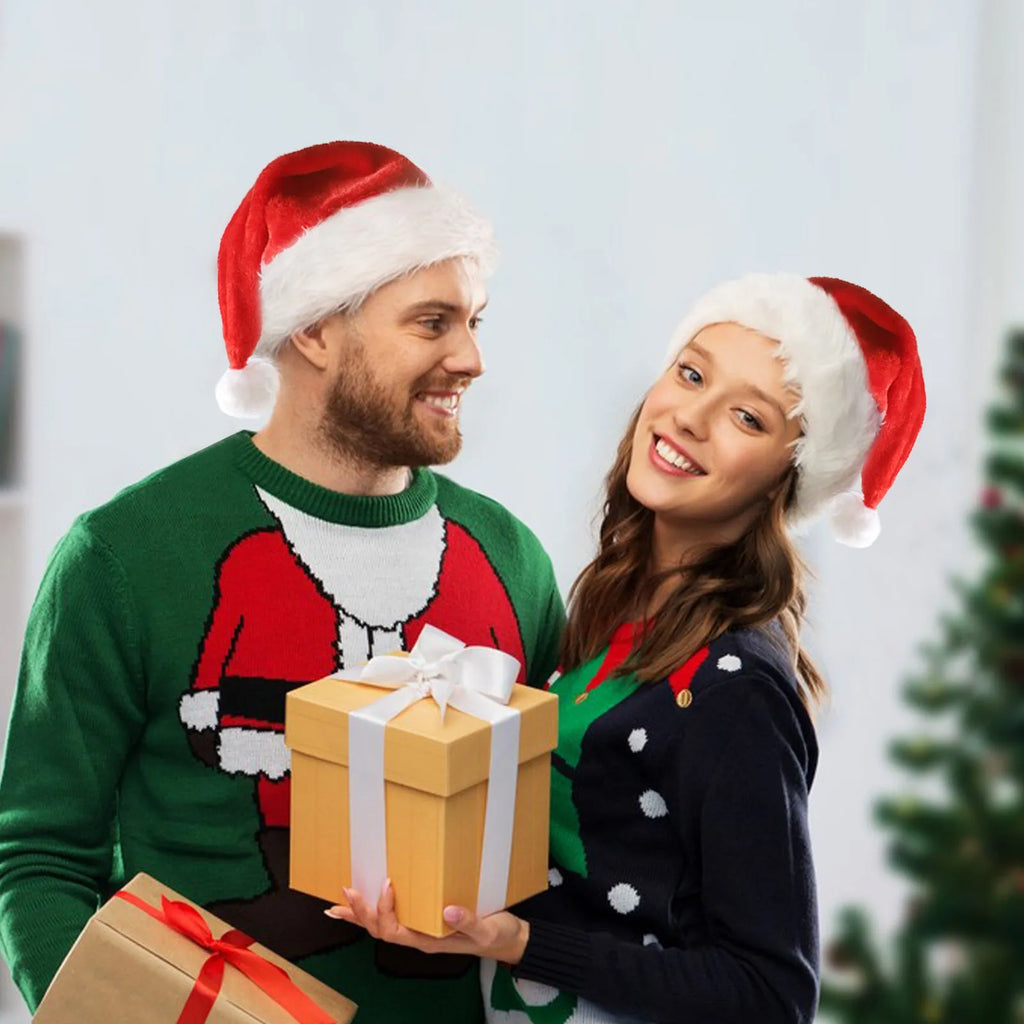 Red and white plush LED Santa hat with glowing coloured lights and a white pom-pom.