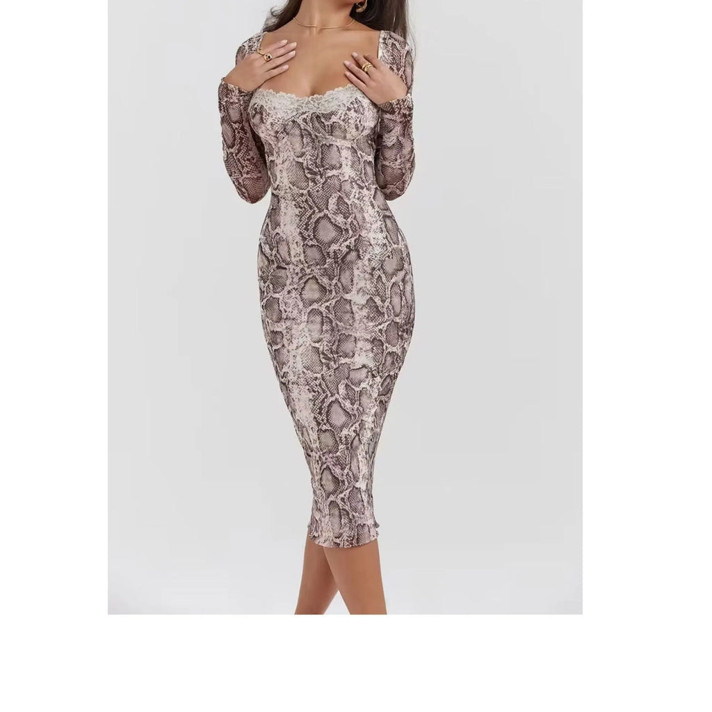 Grey digital printed lace dress with 3D effect pattern and slim fit A-line silhouette
