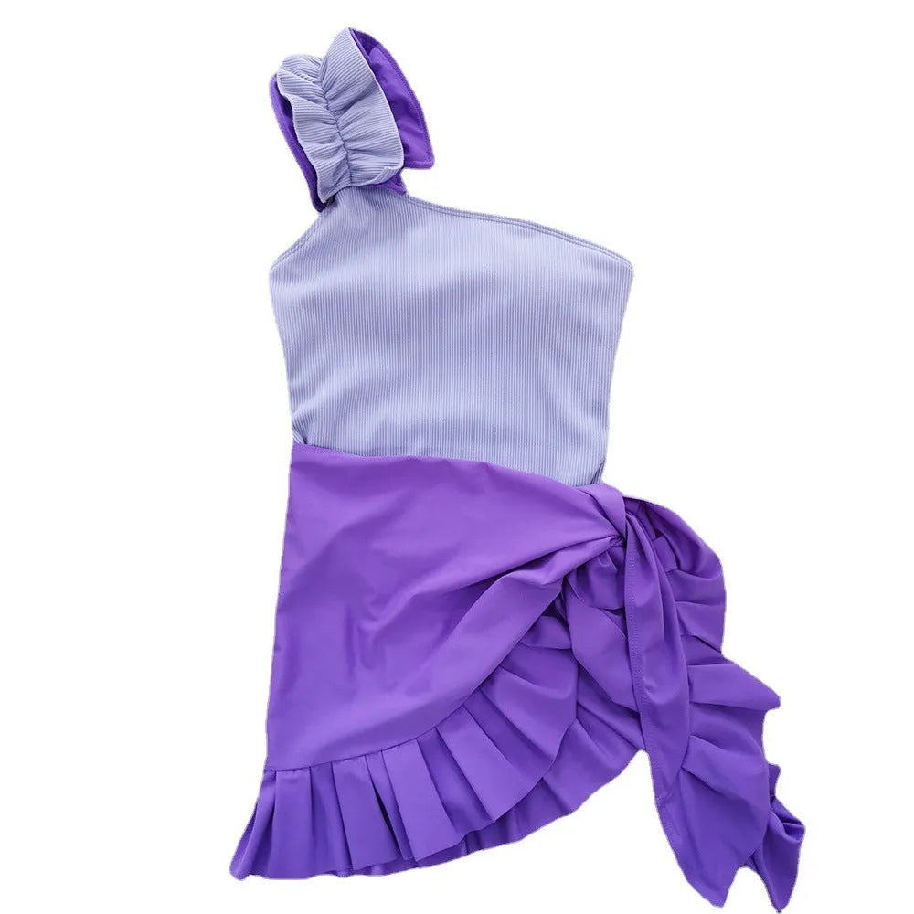 Women's single-shoulder suspender one-piece swimsuit with high waist design in solid colour