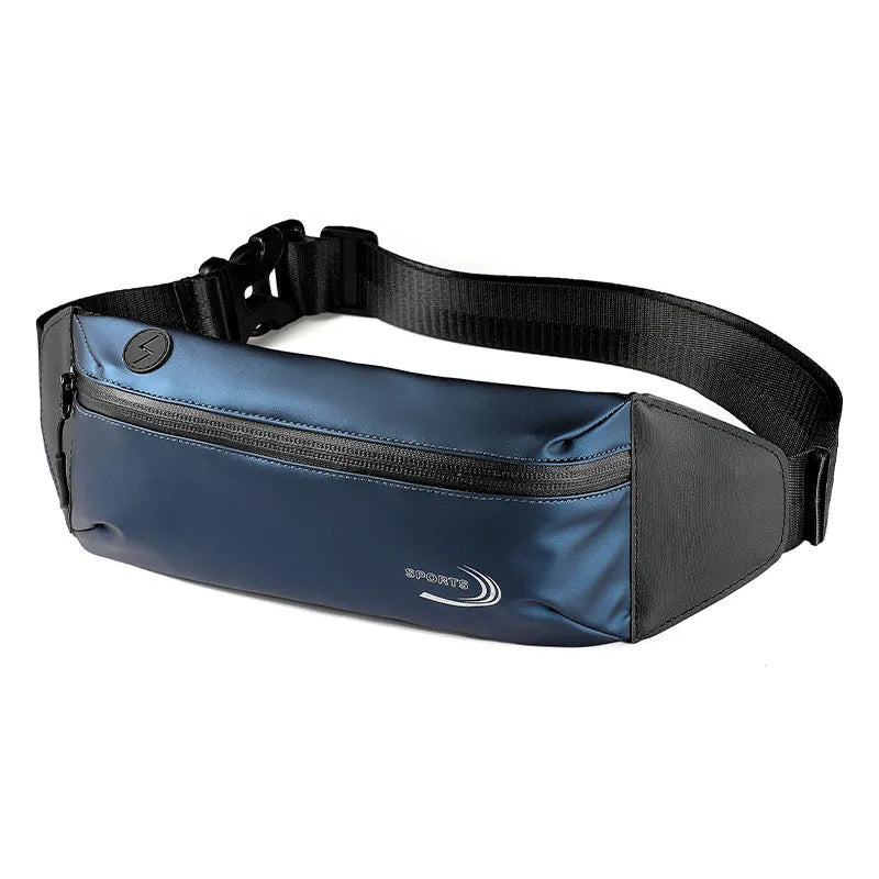 Men's blue waterproof sports waist bag with adjustable strap, 45cm long Oxford polyester construction