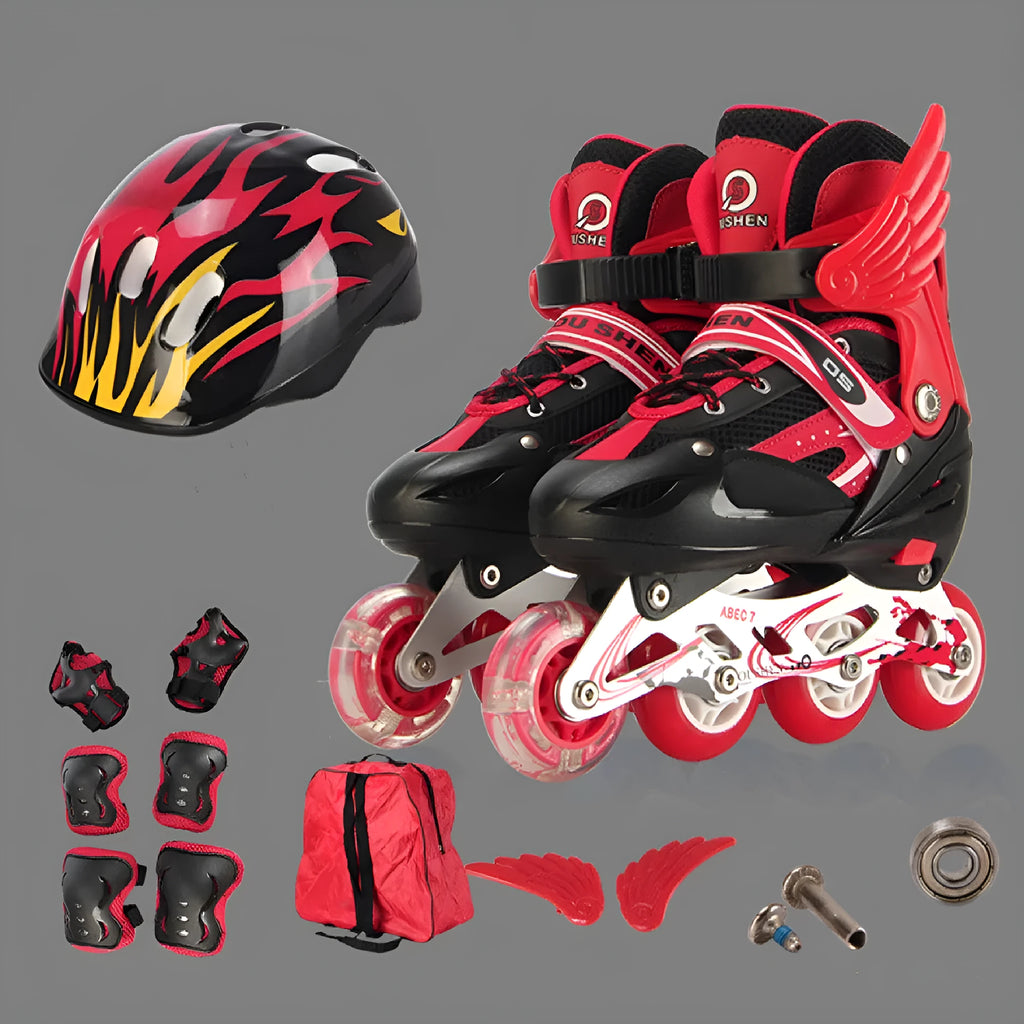 Children's adjustable skating shoes with aluminium frame, protective gear, helmet, and backpack in multiple colours