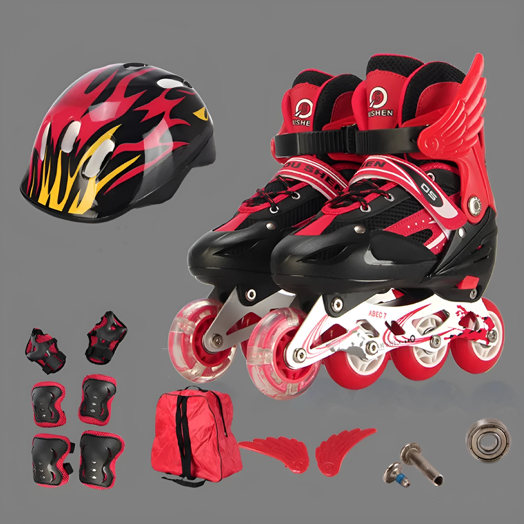 Children's adjustable skating shoes with aluminium frame, protective gear, helmet, and backpack in multiple colours