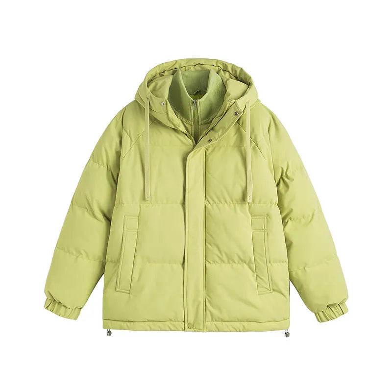 A loose two-piece cotton-padded winter coat in a solid colour with side seam pockets.