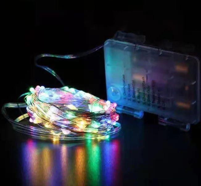 12 metre copper wire LED string lights with battery box and USB power option in various colours