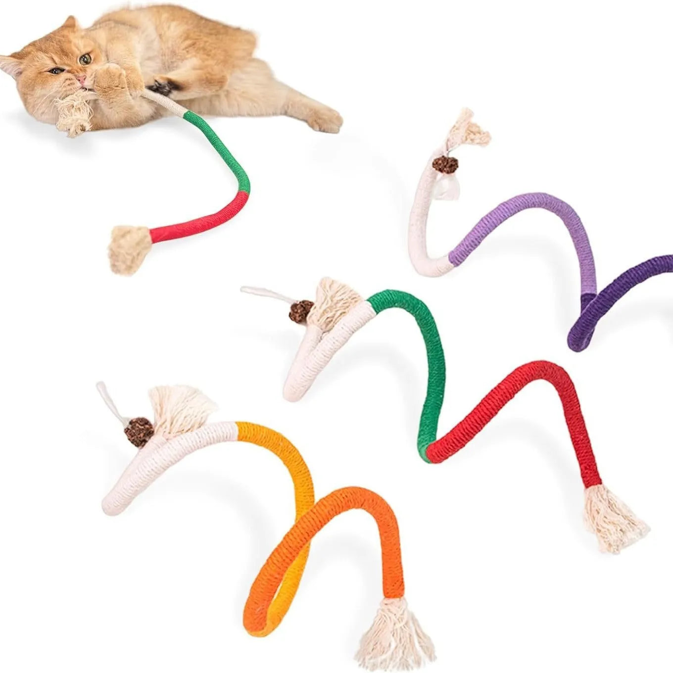 Long purple, orange, and red-with-green cotton rope cat toys stuffed with catnip for biting and playing.