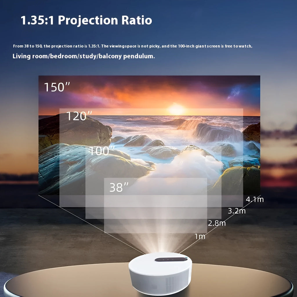 White HD home theatre projector with remote control on a table