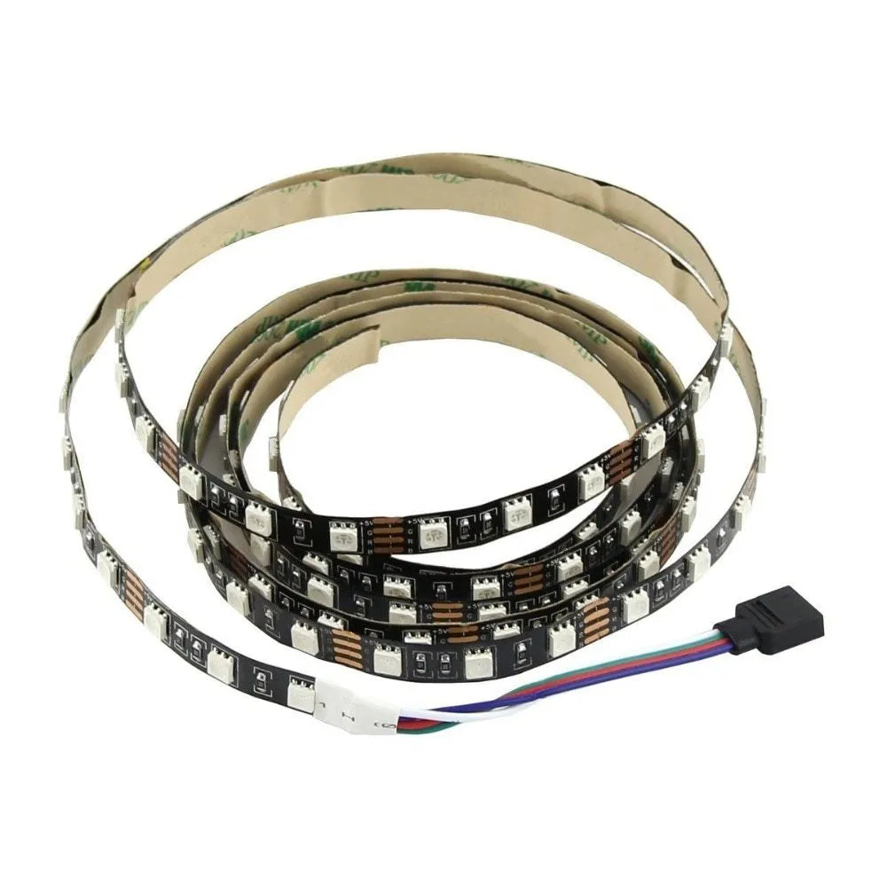 USB-powered LED light strip on a reel showing multiple colour options including white, blue, and red.