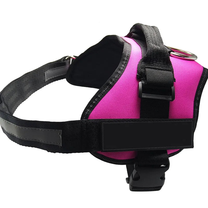 A reflective adjustable dog harness vest shown on a dog, with a handle and D-ring for leash attachment.
