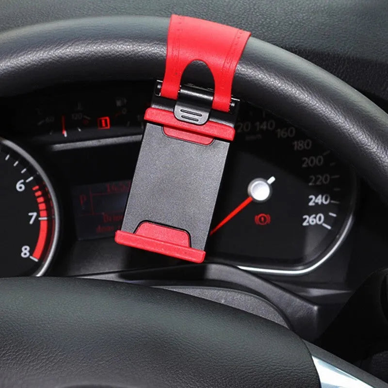 Black car steering wheel clip mount holder with phone attached showing adjustable gooseneck arm
