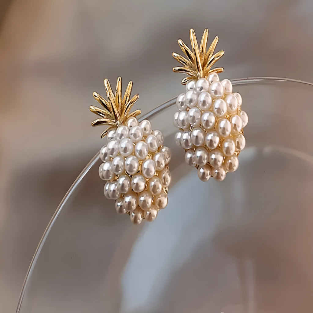 Korean style pineapple starfish pearl drop earrings with electroplated alloy and artificial gemstones