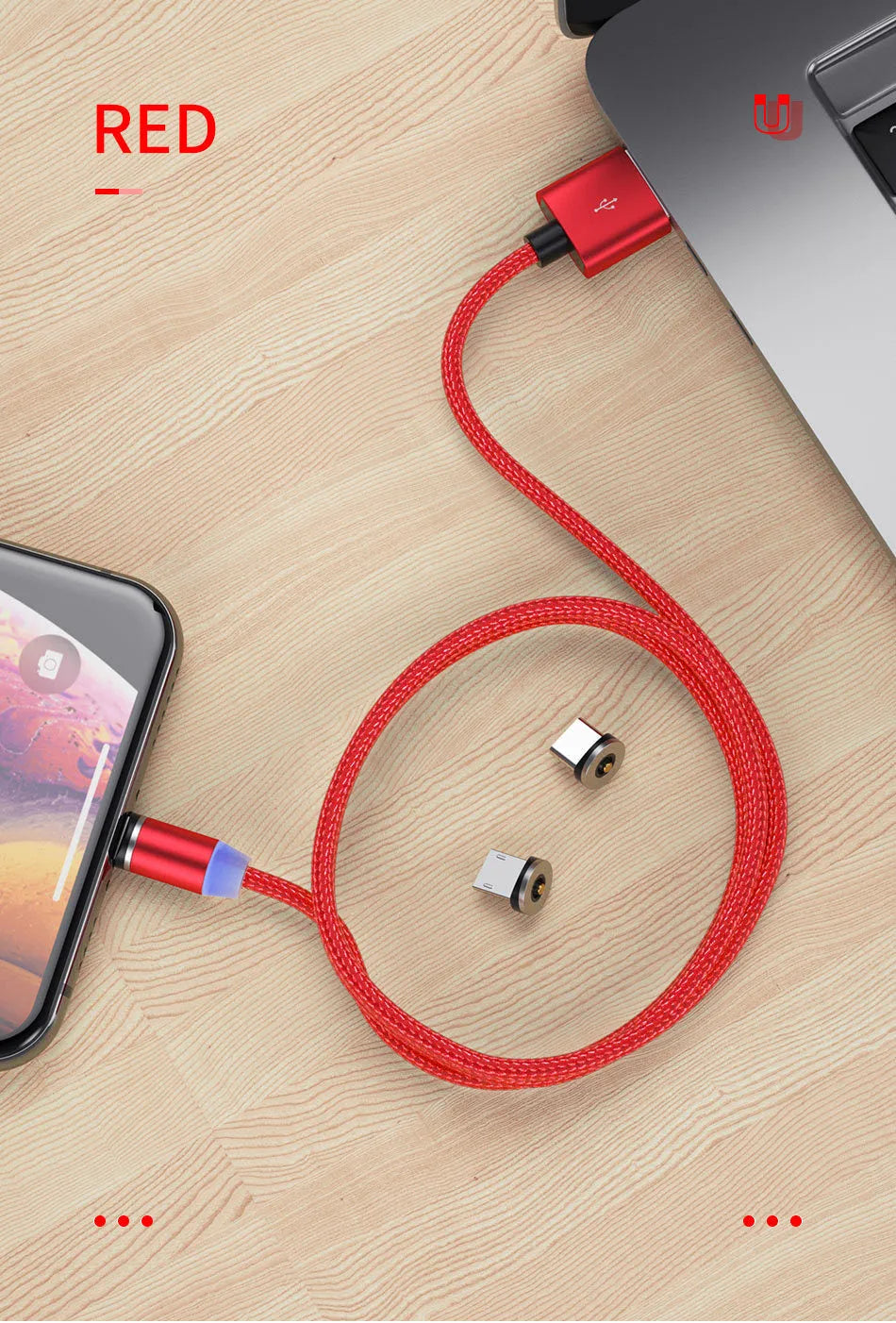 Black magnetic USB charging cable with glowing LED light indicator on a white background.