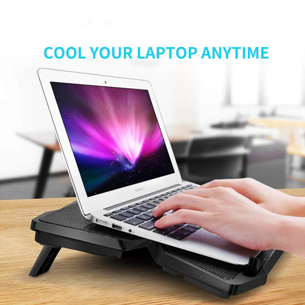 Laptop cooling base with four LED cooling fans and two USB ports