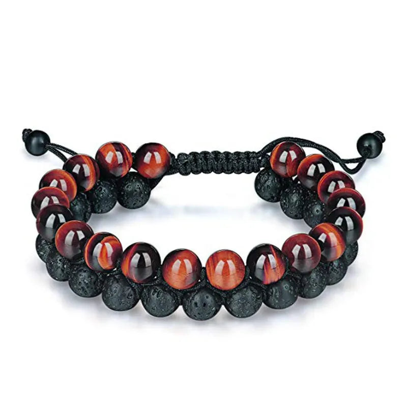 Pair of matte black agate bead bracelets with geometric design for couples.