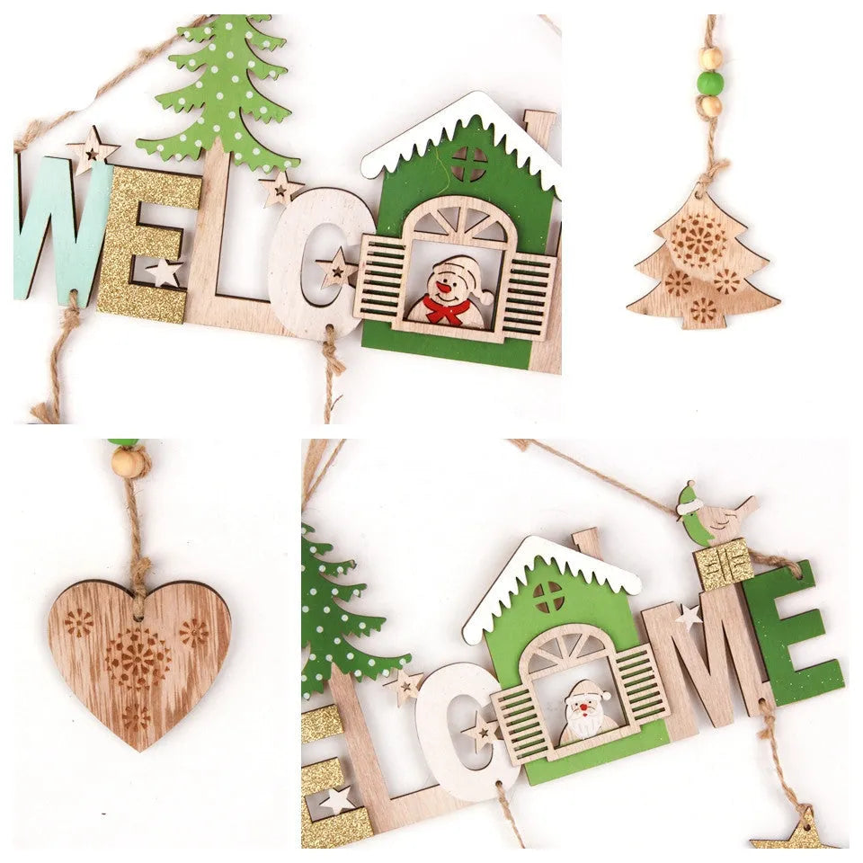 Wooden Christmas ornament set with old man snowman and elk designs