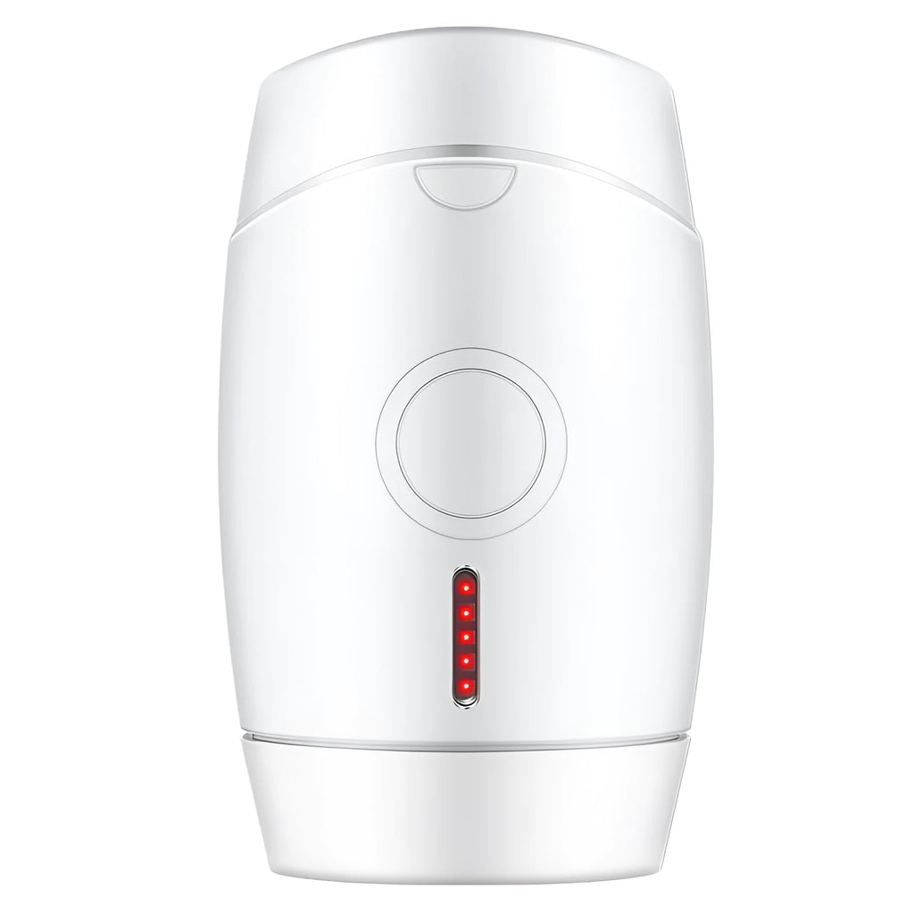 White home laser hair removal device with display screen and power adapter on a plain background.