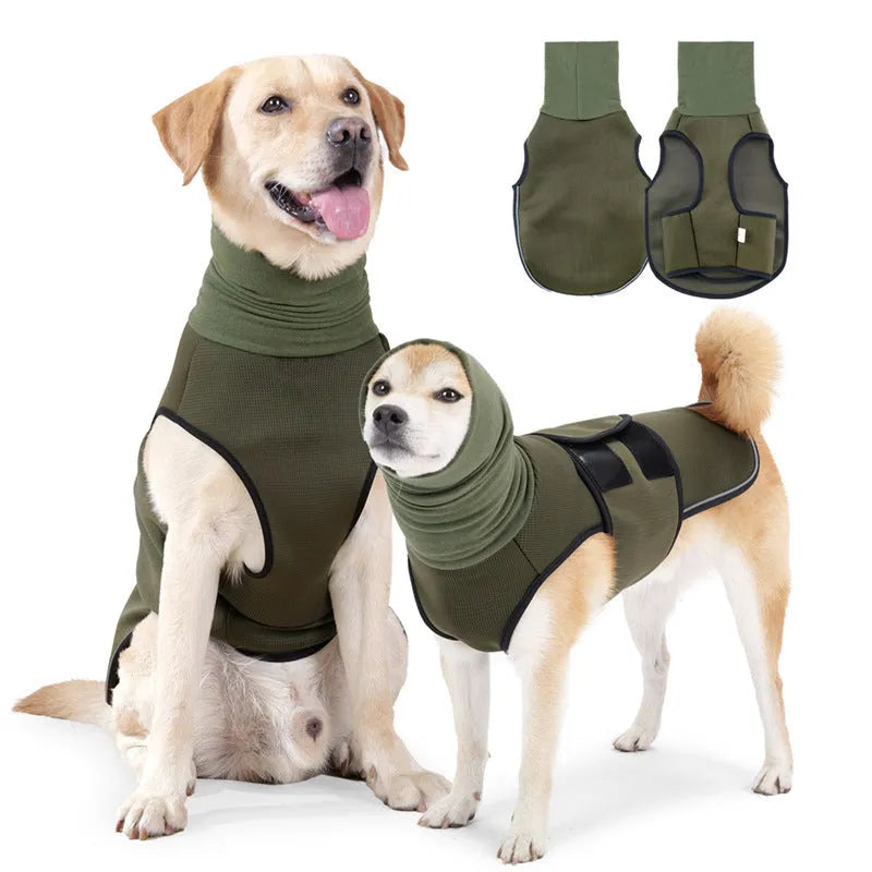 Polyester dog anti-anxiety jacket in army green or dark blue colour options