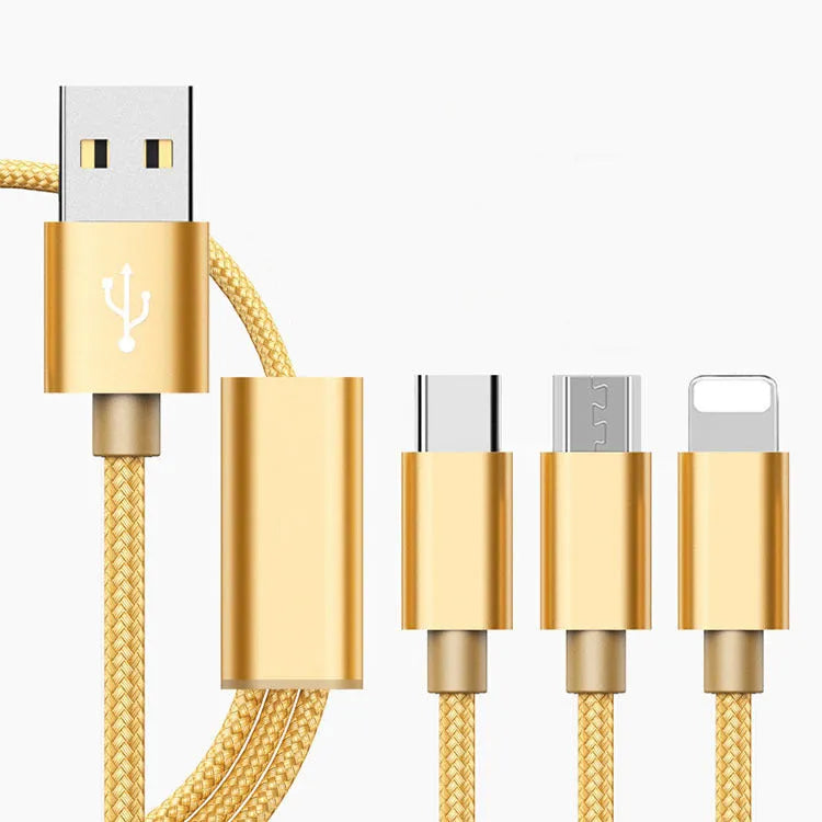 Three-in-one mobile phone charging cable with Micro USB, Type-C and Lightning connectors in various colours