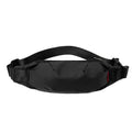 Black Oxford cloth crossbody waist pack with multiple internal pockets showing dimensions