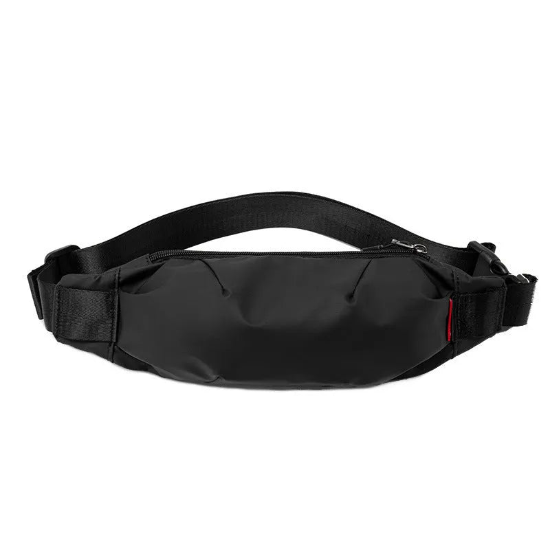 Black Oxford cloth crossbody waist pack with multiple internal pockets showing dimensions
