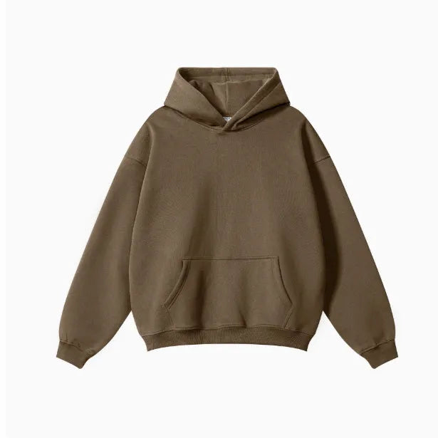 A loose-fit men's hooded sweater in 450g terry cotton with drop shoulders, shown in a solid colour.
