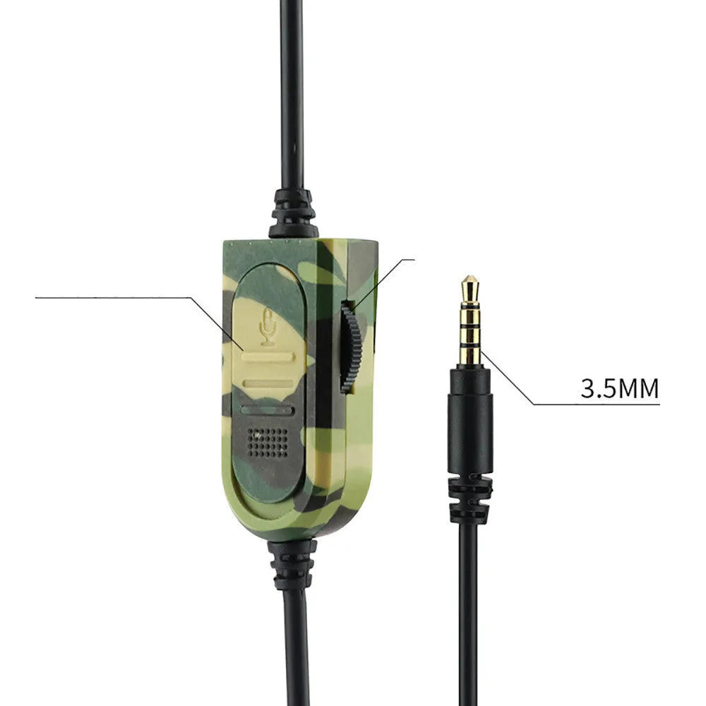Army green camouflage wired gaming headset with 40mm driver and built-in microphone