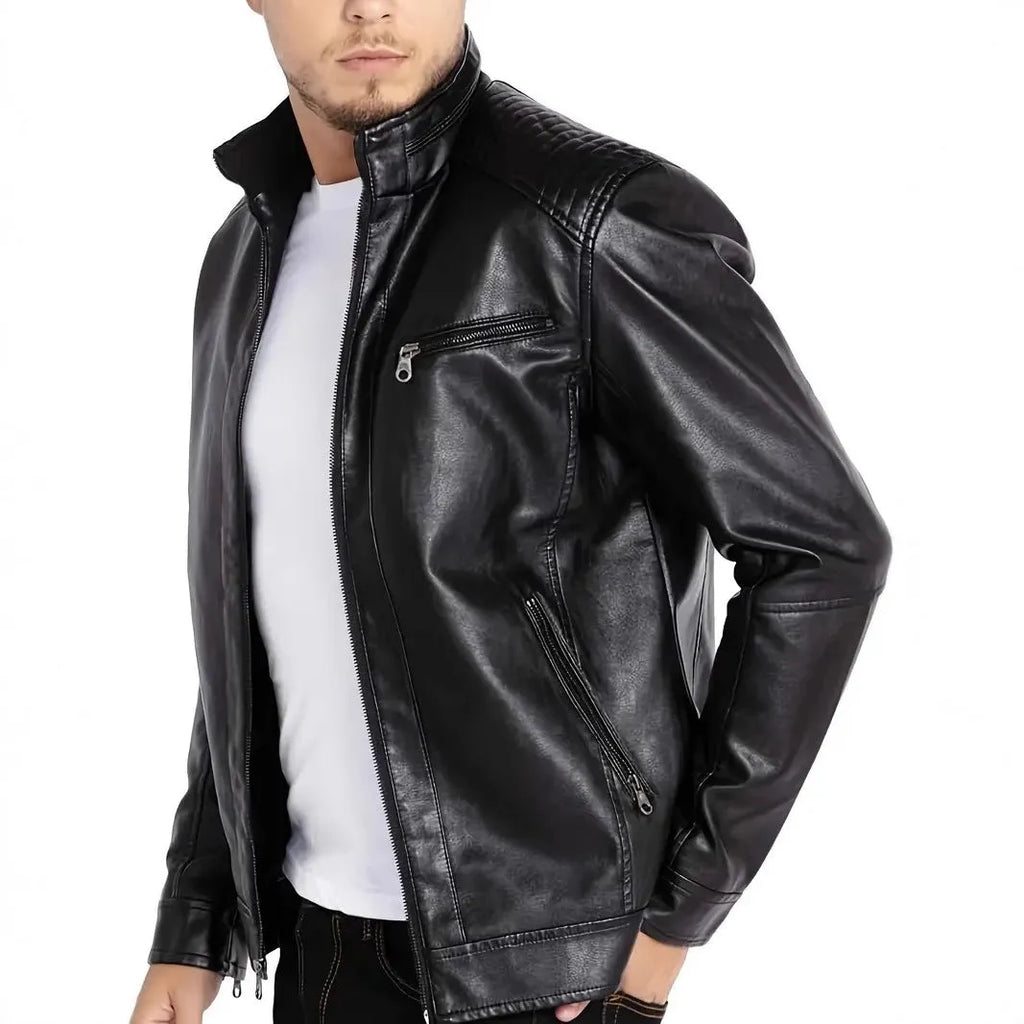 Men's brown artificial leather punk motorcycle jacket with stand collar and straight hem.