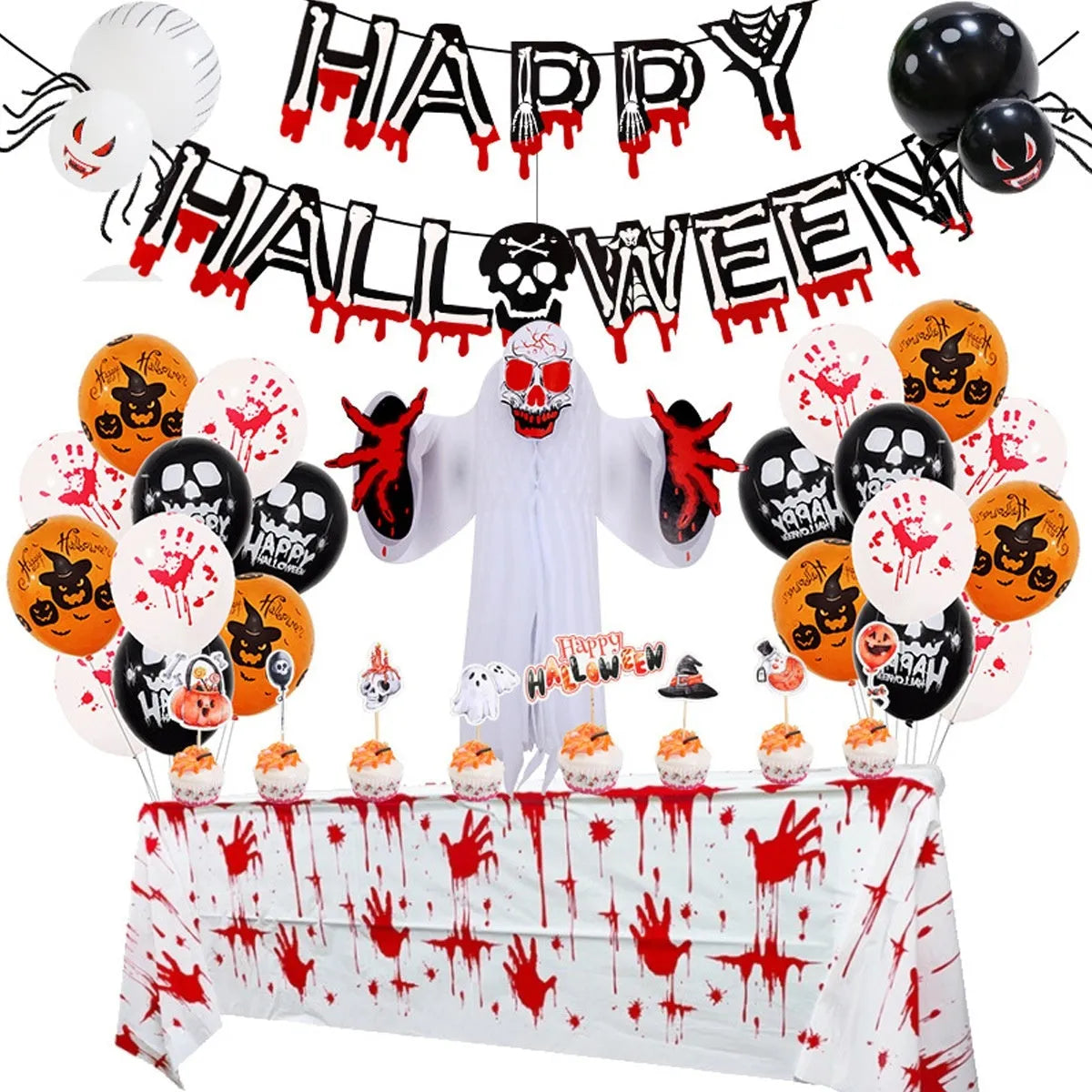 Halloween balloon combo set showing spider arch with black and white pumpkin and skull balloons