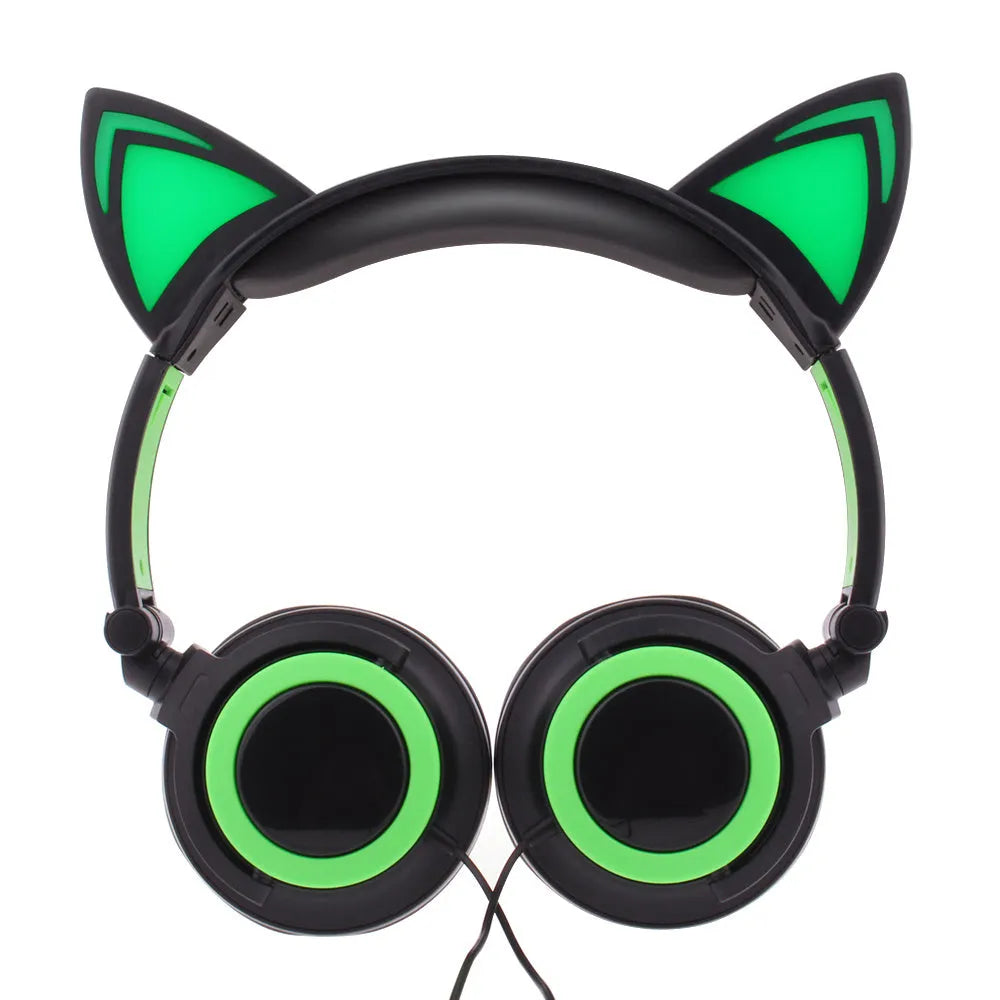 Colourful LED cat ear headphones with glowing ears and cushions, showing 3.5mm plug.