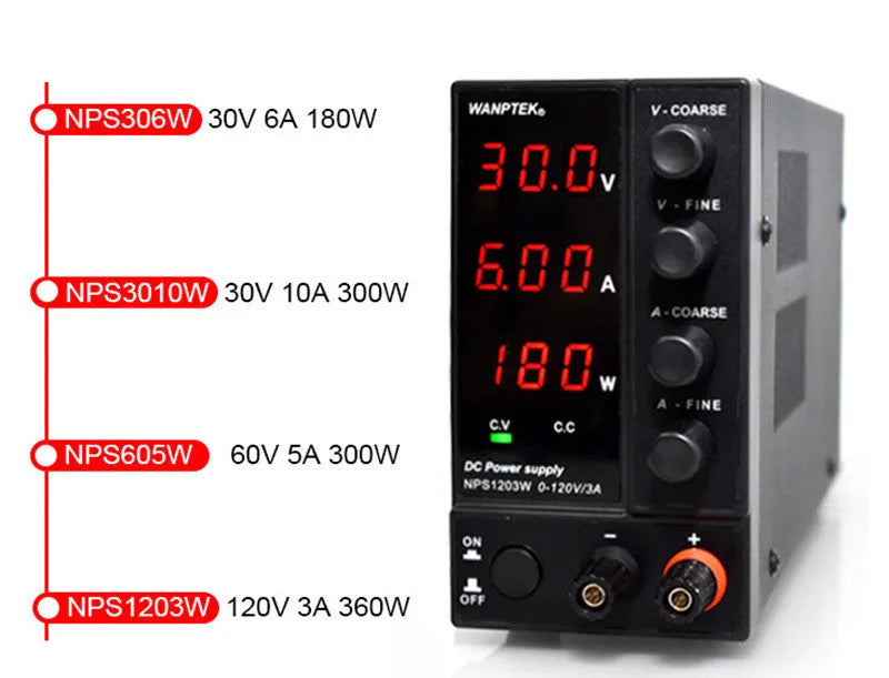 White bench power supply unit with digital display for electronics testing and mobile phone repair