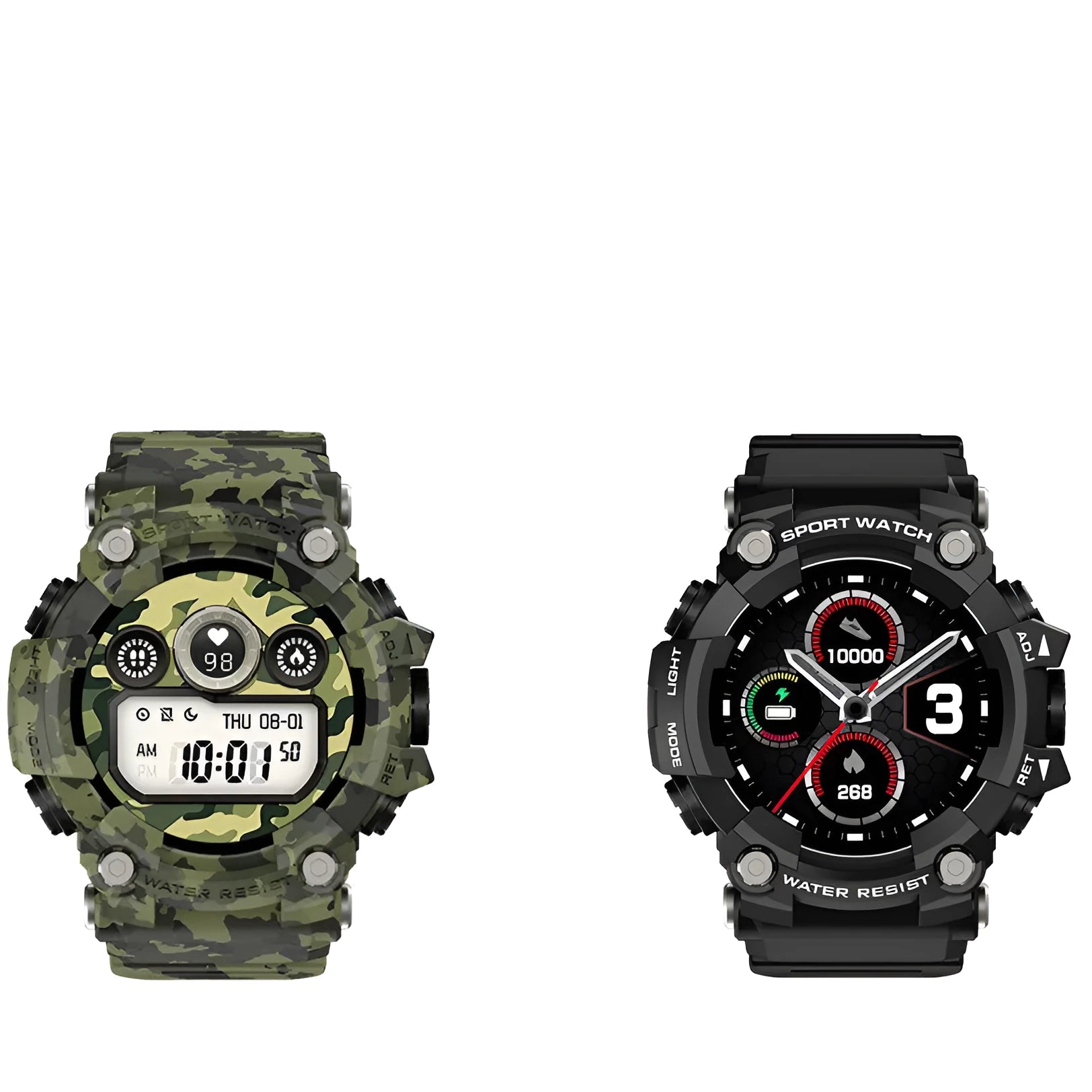 Black or green T6 tactical rugged smart watch on wrist with 1.3-inch screen and alloy case.
