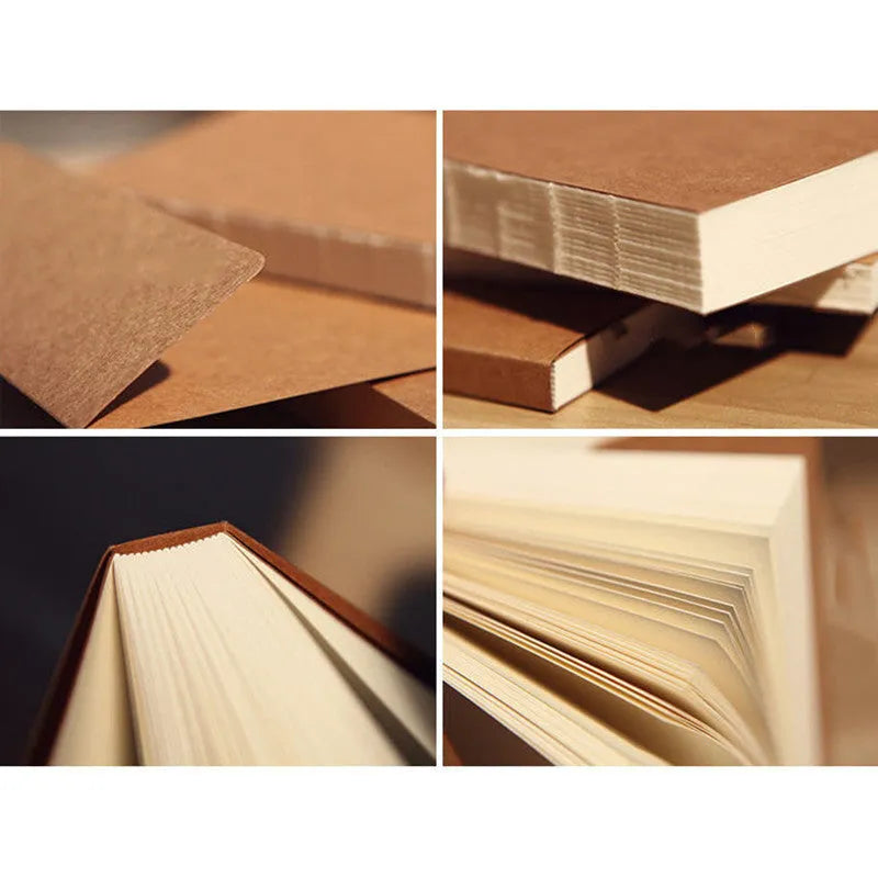 Kraft paper sketchbook with wireless binding open to a blank page