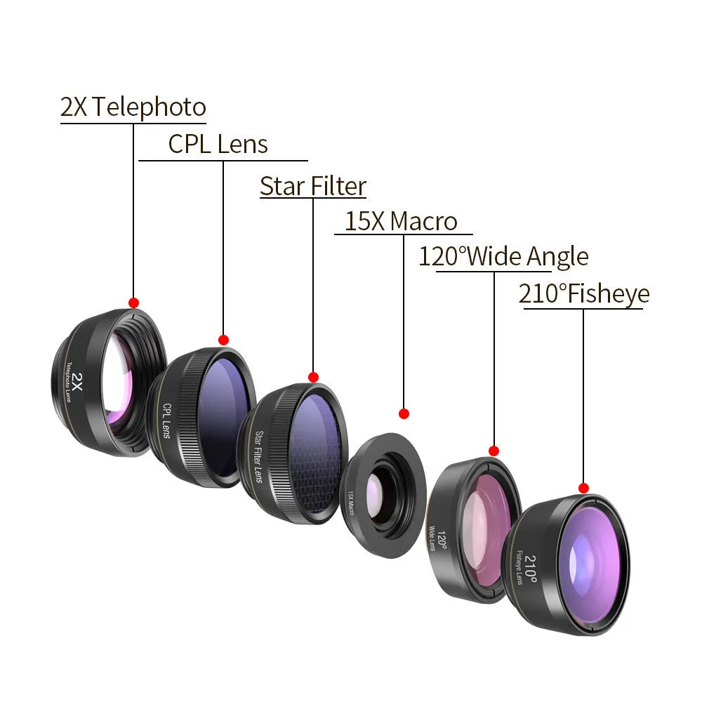 Black 6-in-1 smartphone camera lens kit with fisheye, wide-angle, telephoto, macro, CPL, and star filters on a universal clip.