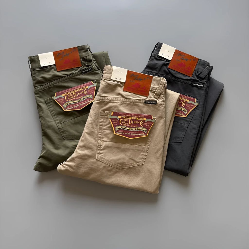 Men's straight-leg cotton trousers in grey, army green, or khaki showing retro casual style.
