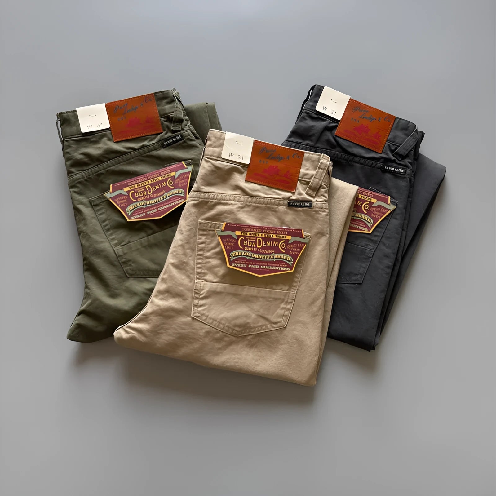Men's straight-leg cotton trousers in grey, army green, or khaki showing retro casual style.