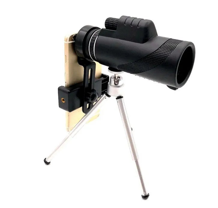 Black HD 40x60 smartphone monocular telescope with 60mm objective lens shown next to a mobile phone.